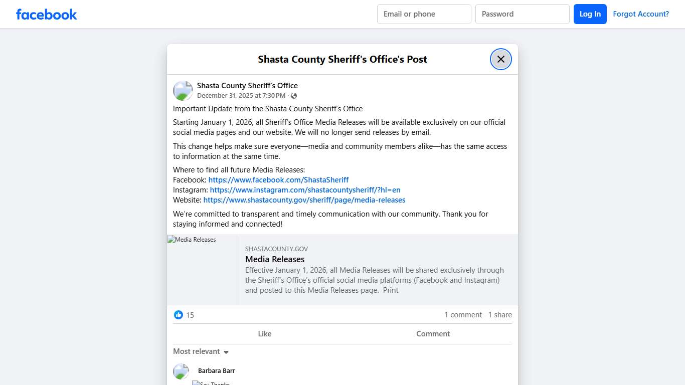 Important Update from the... - Shasta County Sheriff's Office Facebook