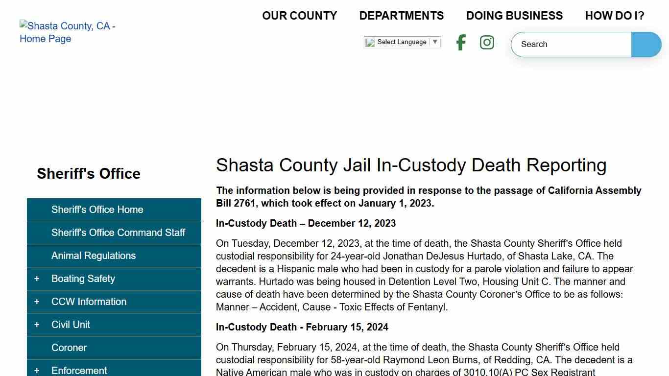 Shasta County Jail In-Custody Death Reporting Shasta County CA